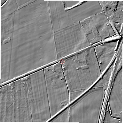 Shaded relief map of the ground around LS249QR, computed from Environment Agency LiDAR. The ground here sits at about 8 m above sea level and falls 9 m across the surrounding 800 m. Surface water reaching this point runs off ground lying to the south-south-east, 2.0 m higher.