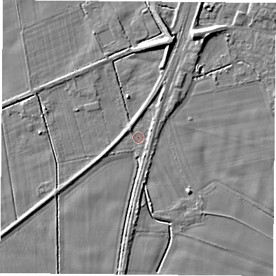 Shaded relief map of the ground around LS249QS, computed from Environment Agency LiDAR. The ground here sits at about 8 m above sea level and falls 9 m across the surrounding 800 m. Surface water reaching this point runs off ground lying to the north-north-east, 2.5 m higher.