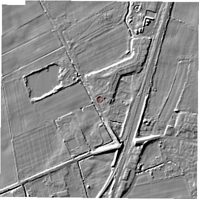 Shaded relief map of the ground around LS249QT, computed from Environment Agency LiDAR. The ground here sits at about 8 m above sea level and falls 8 m across the surrounding 800 m. Surface water reaching this point runs off ground lying to the north, 1.7 m higher.