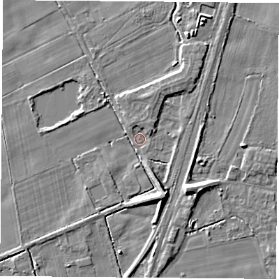 Shaded relief map of the ground around LS249QU, computed from Environment Agency LiDAR. The ground here sits at about 8 m above sea level and falls 8 m across the surrounding 800 m. Surface water reaching this point runs off ground lying to the south-south-east, 7.8 m higher.