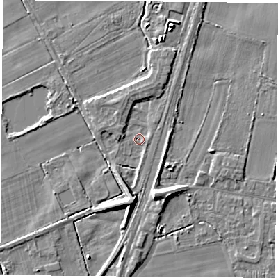Shaded relief map of the ground around LS249QX, computed from Environment Agency LiDAR. The ground here sits at about 8 m above sea level and falls 8 m across the surrounding 800 m. Surface water reaching this point runs off ground lying to the south, 7.6 m higher.