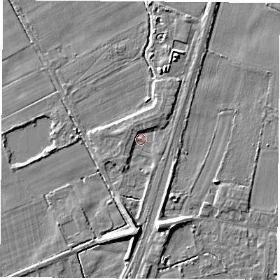 Shaded relief map of the ground around LS249QY, computed from Environment Agency LiDAR. The ground here sits at about 9 m above sea level and falls 8 m across the surrounding 800 m. Surface water reaching this point runs off ground lying to the north-north-west, 2.1 m higher.
