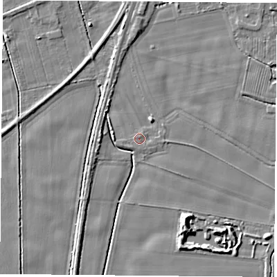 Shaded relief map of the ground around LS249QZ, computed from Environment Agency LiDAR. The ground here sits at about 8 m above sea level and falls 6 m across the surrounding 800 m. Surface water reaching this point runs off ground lying to the north-north-east, 0.6 m higher.