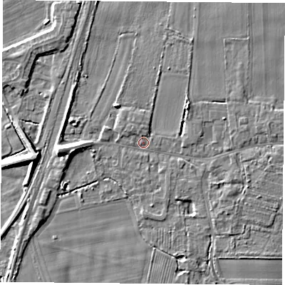 Shaded relief map of the ground around LS249RA, computed from Environment Agency LiDAR. The ground here sits at about 8 m above sea level and falls 8 m across the surrounding 800 m. Surface water reaching this point runs off ground lying to the west, 5.0 m higher.