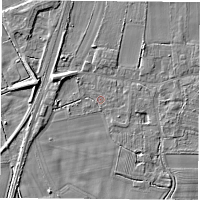 Shaded relief map of the ground around LS249RB, computed from Environment Agency LiDAR. The ground here sits at about 8 m above sea level and falls 8 m across the surrounding 800 m. Surface water reaching this point runs off ground lying to the north-west, 1.6 m higher.