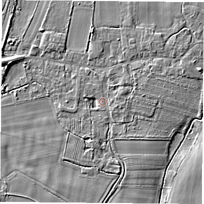 Shaded relief map of the ground around LS249RD, computed from Environment Agency LiDAR. The ground here sits at about 8 m above sea level and falls 8 m across the surrounding 800 m. Surface water reaching this point runs off ground lying to the north-north-east, 2.3 m higher.