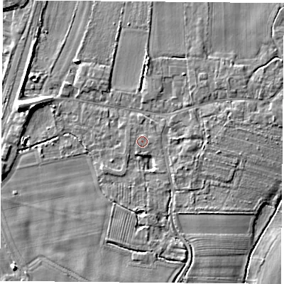 Shaded relief map of the ground around LS249RE, computed from Environment Agency LiDAR. The ground here sits at about 9 m above sea level and falls 9 m across the surrounding 800 m. Surface water reaching this point runs off ground lying to the west-north-west, 0.6 m higher.