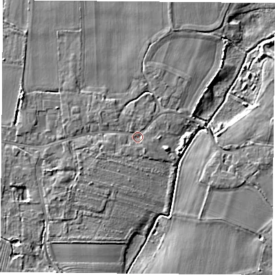 Shaded relief map of the ground around LS249RF, computed from Environment Agency LiDAR. The ground here sits at about 8 m above sea level and falls 6 m across the surrounding 800 m. Surface water reaching this point runs off ground lying to the west-north-west, 3.5 m higher.