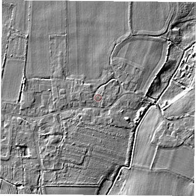 Shaded relief map of the ground around LS249RG, computed from Environment Agency LiDAR. The ground here sits at about 8 m above sea level and falls 6 m across the surrounding 800 m. Surface water reaching this point runs off ground lying to the west, 1.2 m higher.