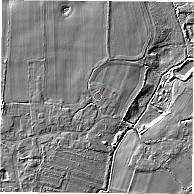 Shaded relief map of the ground around LS249RH, computed from Environment Agency LiDAR. The ground here sits at about 8 m above sea level and falls 6 m across the surrounding 800 m. Surface water reaching this point runs off ground lying to the west-south-west, 2.2 m higher.