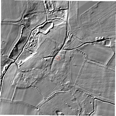 Shaded relief map of the ground around LS249RJ, computed from Environment Agency LiDAR. The ground here sits at about 8 m above sea level and falls 5 m across the surrounding 800 m. Surface water reaching this point runs off ground lying to the west, 2.1 m higher.