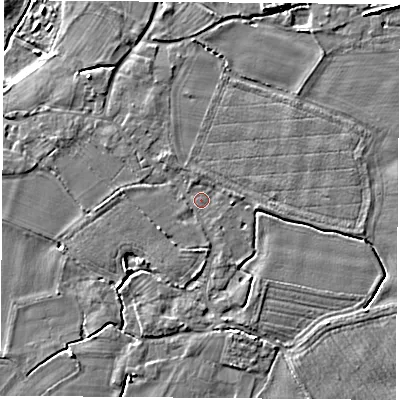 Shaded relief map of the ground around LS249RL, computed from Environment Agency LiDAR. The ground here sits at about 8 m above sea level and falls 5 m across the surrounding 800 m. Surface water reaching this point runs off ground lying to the west-north-west, 1.3 m higher.