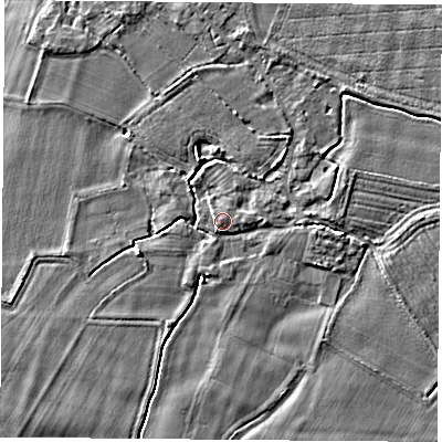Shaded relief map of the ground around LS249RN, computed from Environment Agency LiDAR. The ground here sits at about 9 m above sea level and falls 3 m across the surrounding 800 m. Surface water reaching this point runs off ground lying to the south-south-west, 1.2 m higher.