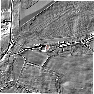 Shaded relief map of the ground around LS249RP, computed from Environment Agency LiDAR. The ground here sits at about 8 m above sea level and falls 5 m across the surrounding 800 m. Surface water reaching this point runs off ground lying to the west-north-west, 2.9 m higher.