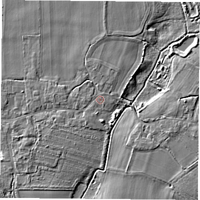 Shaded relief map of the ground around LS249RQ, computed from Environment Agency LiDAR. The ground here sits at about 8 m above sea level and falls 5 m across the surrounding 800 m. Surface water reaching this point runs off ground lying to the west, 2.2 m higher.