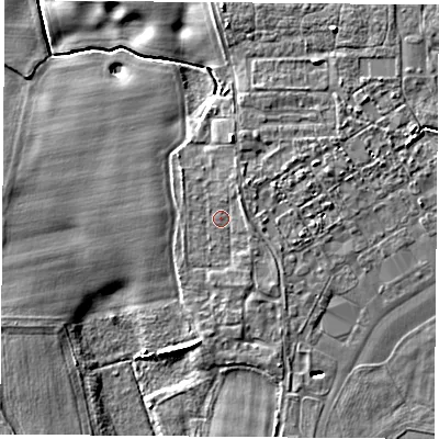 Shaded relief map of the ground around LS249RR, computed from Environment Agency LiDAR. The ground here sits at about 8 m above sea level and falls 5 m across the surrounding 800 m. Surface water reaching this point runs off ground lying to the north-east, 1.2 m higher.