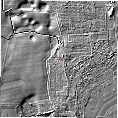 Shaded relief map of the ground around LS249RS, computed from Environment Agency LiDAR. The ground here sits at about 8 m above sea level and falls 10 m across the surrounding 800 m. Surface water reaching this point runs off ground lying to the east-north-east, 2.1 m higher.