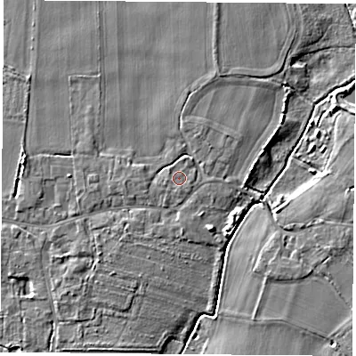 Shaded relief map of the ground around LS249RT, computed from Environment Agency LiDAR. The ground here sits at about 8 m above sea level and falls 6 m across the surrounding 800 m. Surface water reaching this point runs off ground lying to the south-west, 0.6 m higher.