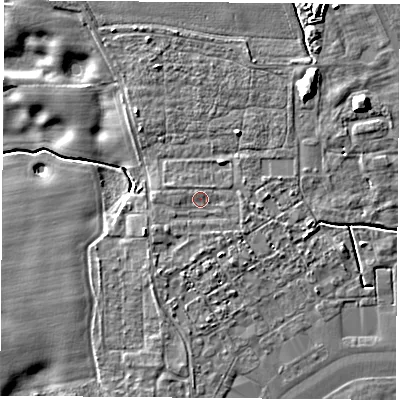 Shaded relief map of the ground around LS249RU, computed from Environment Agency LiDAR. The ground here sits at about 8 m above sea level and falls 10 m across the surrounding 800 m. Surface water reaching this point runs off ground lying to the east, 1.4 m higher.