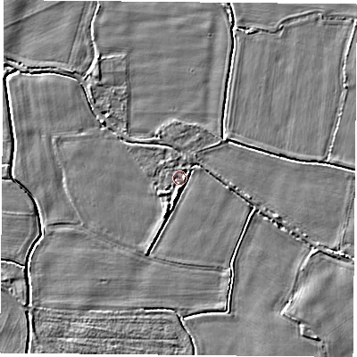 Shaded relief map of the ground around LS249RW, computed from Environment Agency LiDAR. The ground here sits at about 8 m above sea level and falls 4 m across the surrounding 800 m. Surface water reaching this point runs off ground lying to the east, 3.0 m higher.
