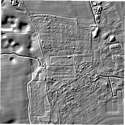 Shaded relief map of the ground around LS249RX, computed from Environment Agency LiDAR. The ground here sits at about 8 m above sea level and falls 10 m across the surrounding 800 m. Surface water reaching this point runs off ground lying to the north-east, 1.2 m higher.