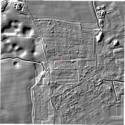 Shaded relief map of the ground around LS249RY, computed from Environment Agency LiDAR. The ground here sits at about 8 m above sea level and falls 10 m across the surrounding 800 m. Surface water reaching this point runs off ground lying to the north-east, 2.0 m higher.