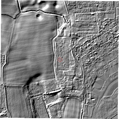 Shaded relief map of the ground around LS249RZ, computed from Environment Agency LiDAR. The ground here sits at about 8 m above sea level and falls 5 m across the surrounding 800 m. Surface water reaching this point runs off ground lying to the east-north-east, 1.4 m higher.