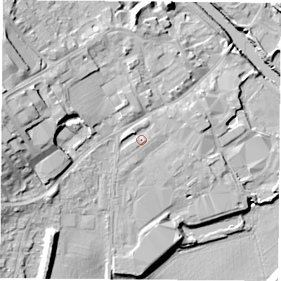 Shaded relief map of the ground around LS249SA, computed from Environment Agency LiDAR. The ground here sits at about 12 m above sea level and falls 21 m across the surrounding 800 m. Surface water reaching this point runs off ground lying to the west-north-west, 1.7 m higher.