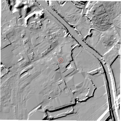Shaded relief map of the ground around LS249SB, computed from Environment Agency LiDAR. The ground here sits at about 11 m above sea level and falls 19 m across the surrounding 800 m. Surface water reaching this point runs off ground lying to the south-west, 1.1 m higher.