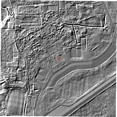 Shaded relief map of the ground around LS249SE, computed from Environment Agency LiDAR. The ground here sits at about 8 m above sea level and falls 5 m across the surrounding 800 m. Surface water reaching this point runs off ground lying to the north, 2.9 m higher.