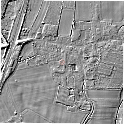 Shaded relief map of the ground around LS249SJ, computed from Environment Agency LiDAR. The ground here sits at about 9 m above sea level and falls 10 m across the surrounding 800 m. Surface water reaching this point runs off ground lying to the north-north-east, 0.6 m higher.