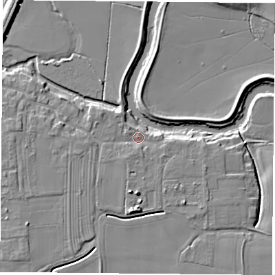 Shaded relief map of the ground around LS249SS, computed from Environment Agency LiDAR. The ground here sits at about 8 m above sea level and falls 8 m across the surrounding 800 m. Surface water reaching this point runs off ground lying to the west-north-west, 1.5 m higher.
