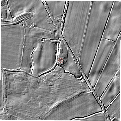 Shaded relief map of the ground around LS249ST, computed from Environment Agency LiDAR. The ground here sits at about 8 m above sea level and falls 4 m across the surrounding 800 m. Surface water reaching this point runs off ground lying to the north-west, 0.6 m higher.