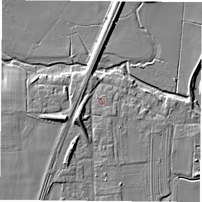 Shaded relief map of the ground around LS249TU, computed from Environment Agency LiDAR. The ground here sits at about 9 m above sea level and falls 11 m across the surrounding 800 m. Surface water reaching this point runs off ground lying to the south-east, 1.0 m higher.