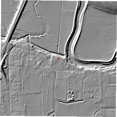 Shaded relief map of the ground around LS249TW, computed from Environment Agency LiDAR. The ground here sits at about 9 m above sea level and falls 11 m across the surrounding 800 m. Surface water reaching this point runs off ground lying to the west, 5.0 m higher.