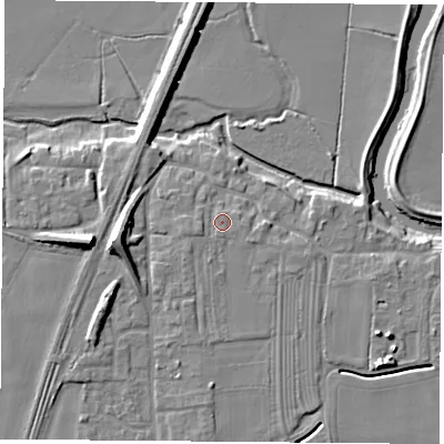 Shaded relief map of the ground around LS249TY, computed from Environment Agency LiDAR. The ground here sits at about 9 m above sea level and falls 11 m across the surrounding 800 m. Surface water reaching this point runs off ground lying to the south-south-west, 0.9 m higher.