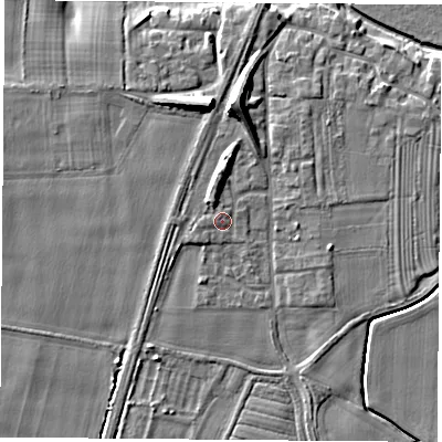 Shaded relief map of the ground around LS249UG, computed from Environment Agency LiDAR. The ground here sits at about 9 m above sea level and falls 11 m across the surrounding 800 m. Surface water reaching this point runs off ground lying to the south-west, 1.1 m higher.