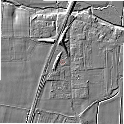 Shaded relief map of the ground around LS249UH, computed from Environment Agency LiDAR. The ground here sits at about 9 m above sea level and falls 11 m across the surrounding 800 m. Surface water reaching this point runs off ground lying to the north-west, 3.6 m higher.
