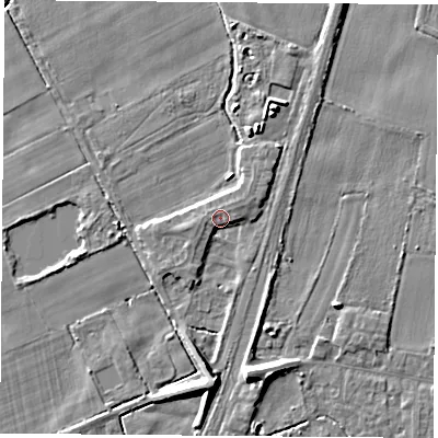 Shaded relief map of the ground around LS249US, computed from Environment Agency LiDAR. The ground here sits at about 10 m above sea level and falls 9 m across the surrounding 800 m. Surface water reaching this point runs off ground lying to the west, 2.1 m higher.
