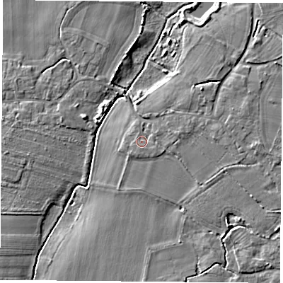 Shaded relief map of the ground around LS249UT, computed from Environment Agency LiDAR. The ground here sits at about 9 m above sea level and falls 5 m across the surrounding 800 m. Surface water reaching this point runs off ground lying to the south-south-east, 1.0 m higher.