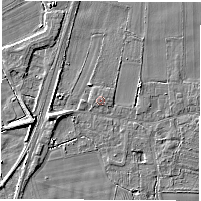 Shaded relief map of the ground around LS249WA, computed from Environment Agency LiDAR. The ground here sits at about 9 m above sea level and falls 8 m across the surrounding 800 m. Surface water reaching this point runs off ground lying to the east-south-east, 0.5 m higher.