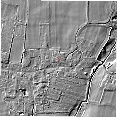 Shaded relief map of the ground around LS249WD, computed from Environment Agency LiDAR. The ground here sits at about 9 m above sea level and falls 6 m across the surrounding 800 m. Surface water reaching this point runs off ground lying to the west, 0.5 m higher.