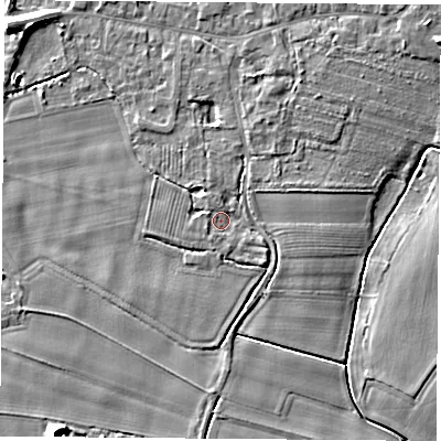 Shaded relief map of the ground around LS249WE, computed from Environment Agency LiDAR. The ground here sits at about 8 m above sea level and falls 9 m across the surrounding 800 m. Surface water reaching this point runs off ground lying to the west-south-west, 1.5 m higher.