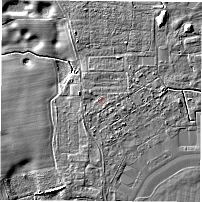 Shaded relief map of the ground around LS249WH, computed from Environment Agency LiDAR. The ground here sits at about 9 m above sea level and falls 10 m across the surrounding 800 m. Surface water reaching this point runs off ground lying to the south-west, 1.3 m higher.
