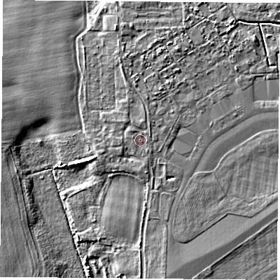 Shaded relief map of the ground around LS249YR, computed from Environment Agency LiDAR. The ground here sits at about 9 m above sea level and falls 5 m across the surrounding 800 m. Surface water reaching this point runs off ground lying to the north-east, 0.6 m higher.