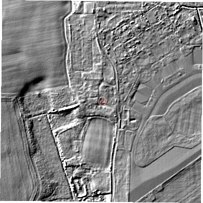 Shaded relief map of the ground around LS249YS, computed from Environment Agency LiDAR. The ground here sits at about 8 m above sea level and falls 5 m across the surrounding 800 m. Surface water reaching this point runs off ground lying to the south-east, 1.1 m higher.