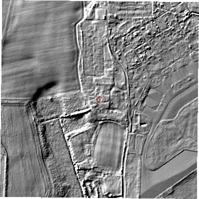 Shaded relief map of the ground around LS249YT, computed from Environment Agency LiDAR. The ground here sits at about 8 m above sea level and falls 5 m across the surrounding 800 m. Surface water reaching this point runs off ground lying to the east, 0.7 m higher.