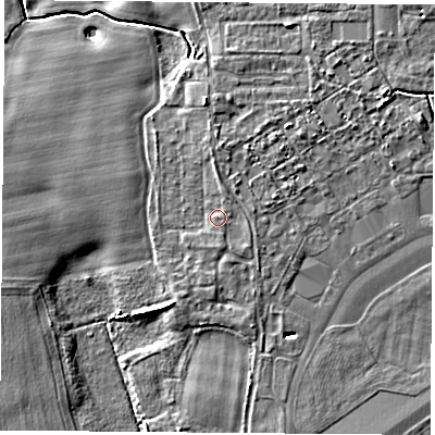Shaded relief map of the ground around LS249YU, computed from Environment Agency LiDAR. The ground here sits at about 8 m above sea level and falls 5 m across the surrounding 800 m. Surface water reaching this point runs off ground lying to the north, 1.2 m higher.