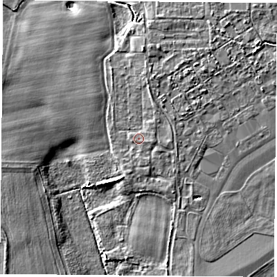 Shaded relief map of the ground around LS249YW, computed from Environment Agency LiDAR. The ground here sits at about 8 m above sea level and falls 5 m across the surrounding 800 m. Surface water reaching this point runs off ground lying to the east-south-east, 1.0 m higher.