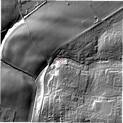 Shaded relief map of the ground around LS251DP, computed from Environment Agency LiDAR. The ground here sits at about 56 m above sea level and falls 22 m across the surrounding 800 m. Surface water reaching this point runs off ground lying to the south-east, 16.9 m higher.